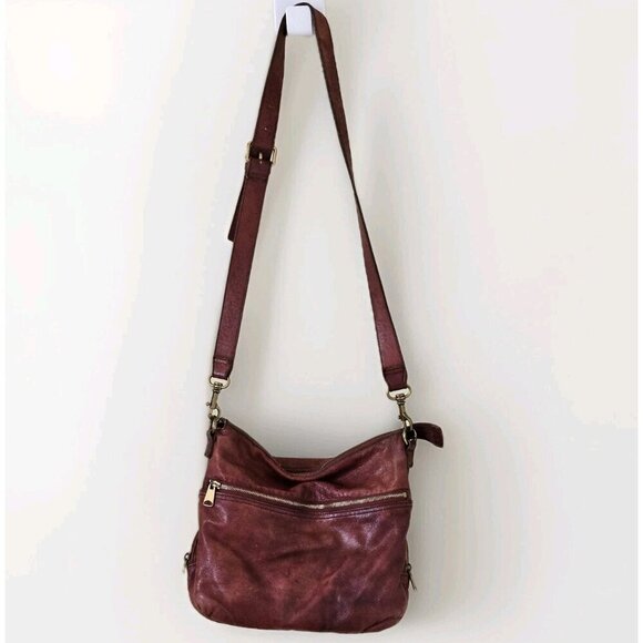 Liebeskind Crossbody Bag Anny Fire Red Aged Leather Zip Flannel Plaid Lined Boho - Picture 2 of 16